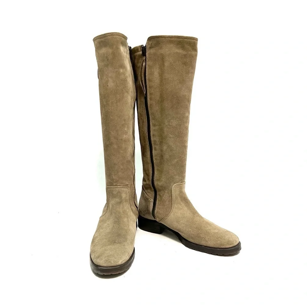 Vintage 1990s women’s tan suede zip up knee high fleece line buckle riding boots